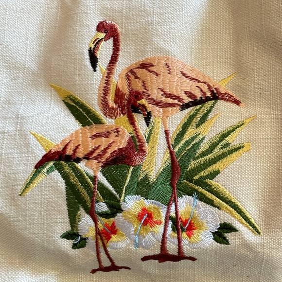 Bueno Embroidered Canvas Tropical Flamingo Silver Metal Top Handle Tote Purse - Picture 2 of 8